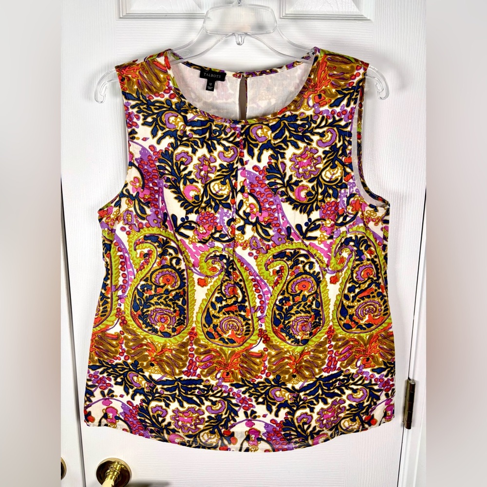 Talbots Spring Sleeveless Blouse Size 12 Paisley Artsy Print 100% Cotton